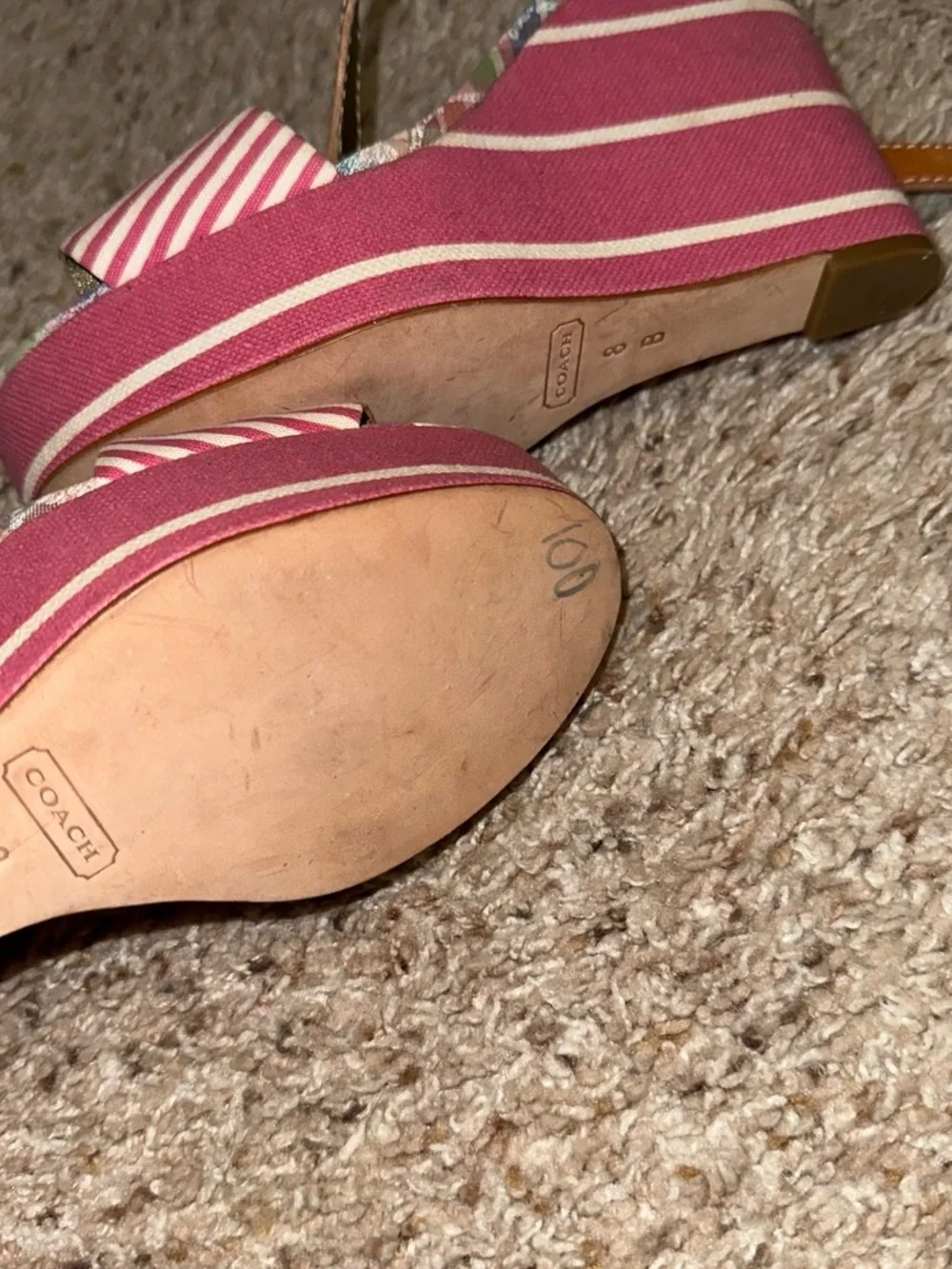 Coach white and pink striped wedge sandals